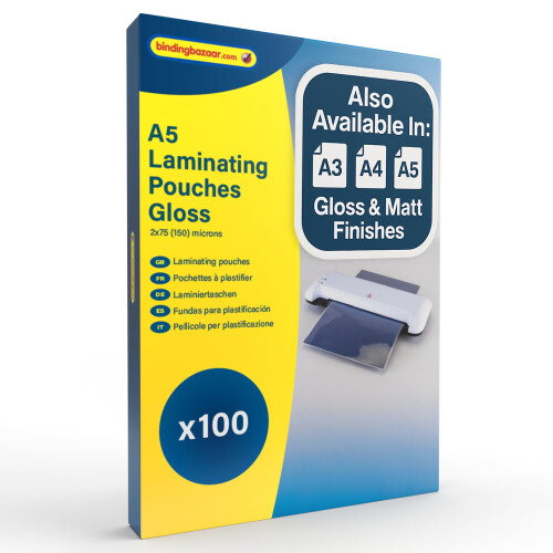 Binding Bazaar A5 Laminating Pouches, Gloss Finish, 150 Micron, 100 Laminating Sheets