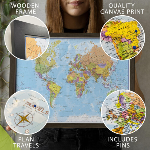 Framed Push Pin World Travel Map - Canvas Pin Boar 1