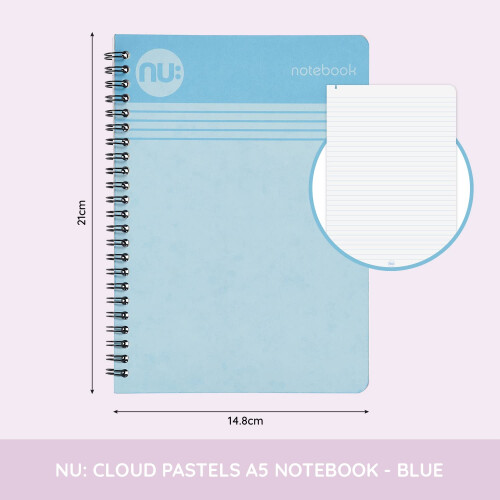 NU: Notebooks - Cloud Pastels Range - A5 Blue Notebook - Wirebound Notebook - 110 Pag 1