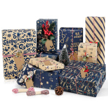 Christmas Wrapping Paper Sheets, Xmas Gifts Wrap Paper Set, 10 Kraft Navy Blue Theme