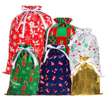 13Pcs Christmas Drawstring Gift Bags, Xmas Wrapping Bags with 6 Patterns Design, 4 Si