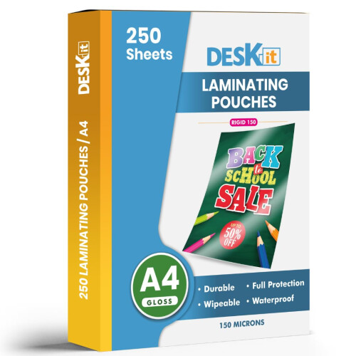 Deskit A4 Laminating Pouches, Gloss, Bulk Pack 250 Sheets, 150 Microns - for High Vol