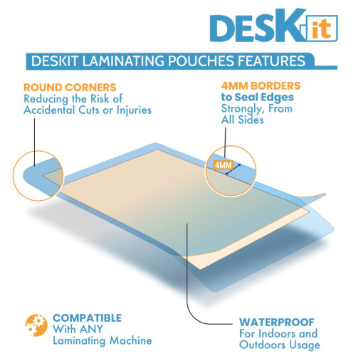 Deskit A4 Laminating Pouches, Gloss, Bulk Pack 250 Sheets, 150 Microns - for High Vol 1