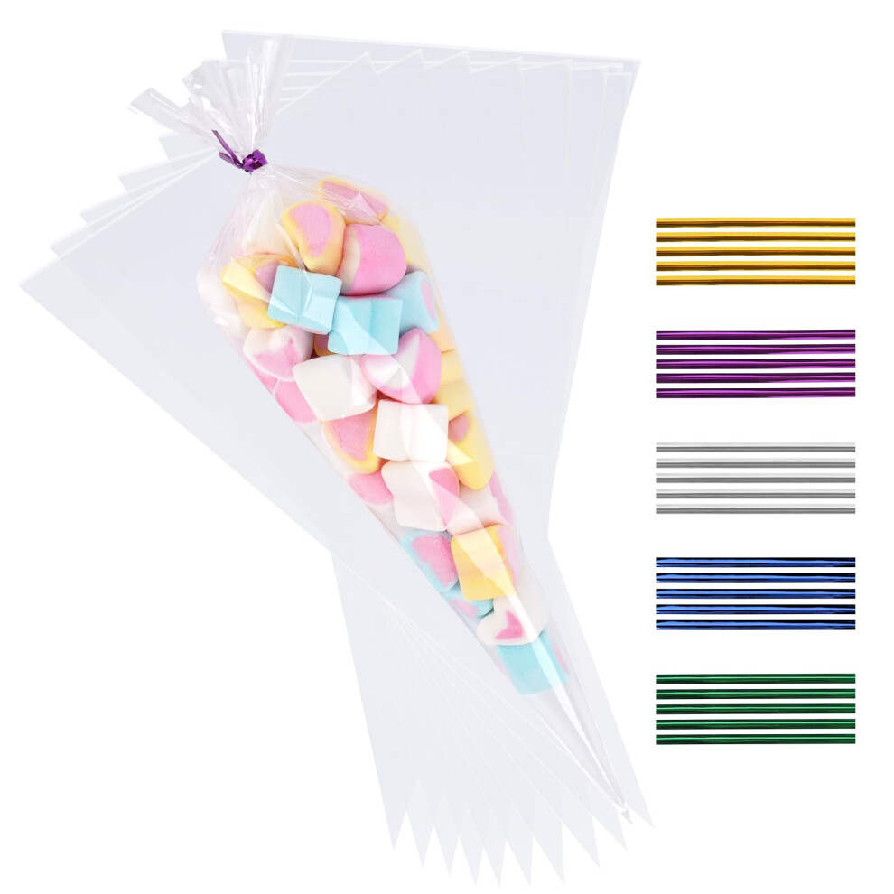 Tecknet Nuttdoo Cone Cellophane Bags,100 Pcs Plastic Sweet Popcorn Cone Bags For Candies Hand
