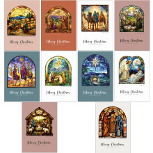 30 Religious Christmas Cards with 10 different Stained Glass Window Artistic designs