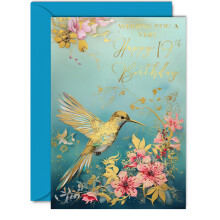 Beautiful Gold 19th Birthday Cards for Women Men - Wonderful Golden Birds Hummingbird
