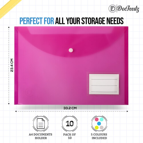 DocFeedz Plastic Wallets A4 - Pack of 10 Waterproof Plastic Folders for Documents 33. 1