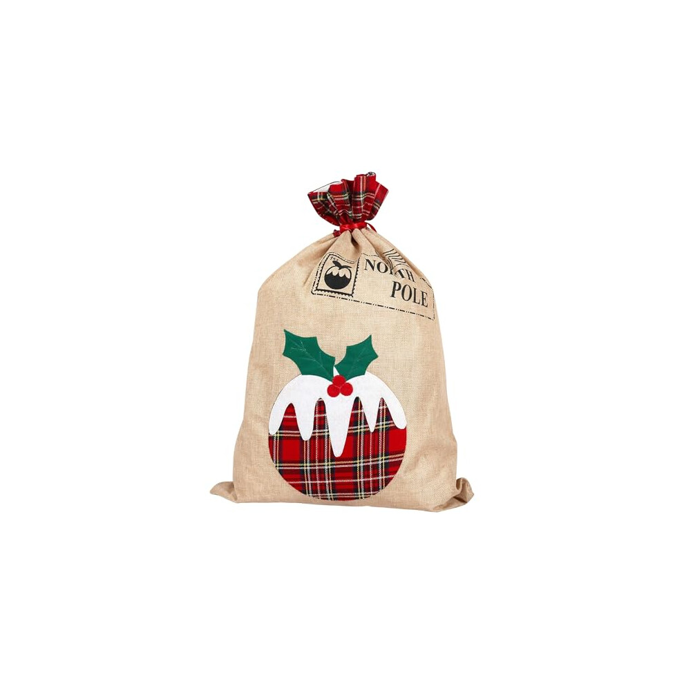 Uni-Ball Trimming Shop Large Burlap Santa Sack, Christmas Pudding Gift Bag With Tartan Pla Red