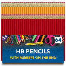 SOL 64pk HB Pencils with Rubbers on the End, Durable Lead for Smooth Writing & Drawin