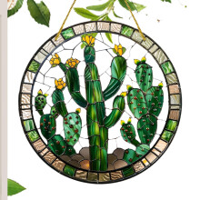 Stained Acrylic Window Plant Art Decor, Hanging Cactus Ornament, Decorative Wall Decoration for Indoor Windows