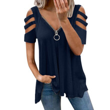 Cold Shoulder V Neck Zipper Tunic Top, Hollow Out Sleeve Loose Fit Blouse for Spring Autumn Wear, Soft Breathable Polyester Fabric Easy Clean Casual