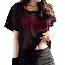 Camicetta trasparente da donna, stile casual, copricostume trasparente a maniche corte con design sexy trasparente, top a rete da festival, top da