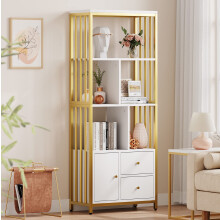 IDEALHOUSE Gold Bookshelf Modern Bookcase with Drawers Storage Rack Shelf Tall Standing Bookshelves Metal Frame Large Display Racks Unique Book Shelf
