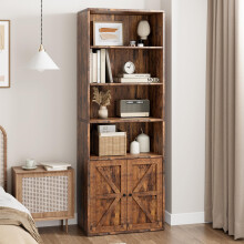 GAOMON Bookcase with Doors Farmhouse Bookshelf 11.8in Depth Wooden Display Storage Shelves 71.4in Tall Bookcases Industrial 6 Shelf Grey Bookshelves