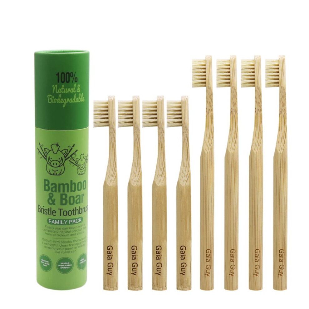 Gaia Guy Natural Bristle Bamboo Toothbrush Family Pack (No Nylon - Boar Hair Only) - Totally Compostable & Biodegradable Boar Bristle And Bamboo