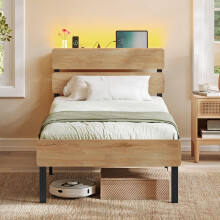 VASAGLE Single Metal Bed Frame, 90 x 190 cm, LED Lights, USB and Type-C Ports, Under-Bed Storage Space, Industrial Style, Easy Assembly, Natural