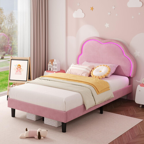 Merax 3FT Single Bed with Adjustable LED Cloud Headboard, Soft Upholstered Bed Frame with Solid Wood Slat, Cute Kids Bed, No Box Spring Needed, Easy