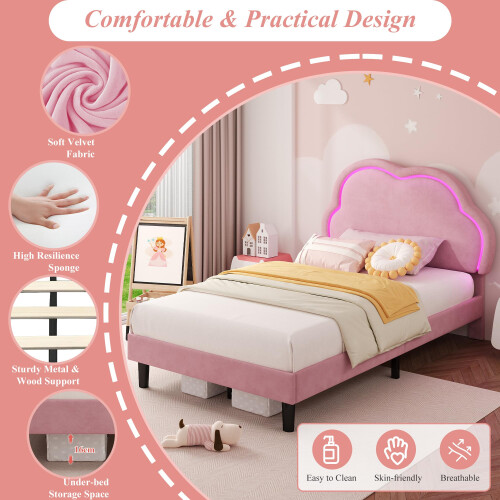 Merax 3FT Single Bed with Adjustable LED Cloud Headboard, Soft Upholstered Bed Frame with Solid Wood Slat, Cute Kids Bed, No Box Spring Needed, Easy 2