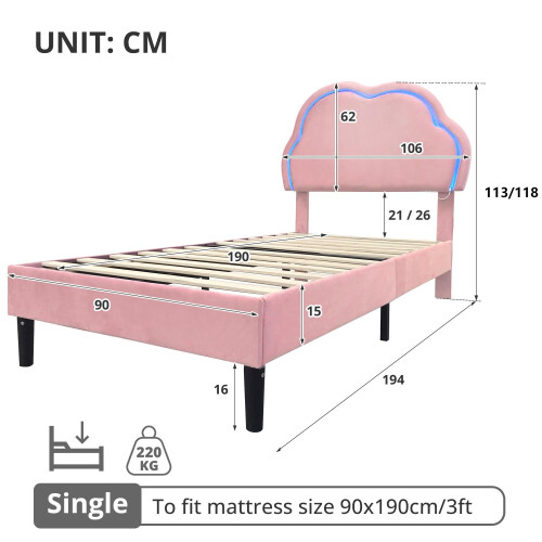 Merax 3FT Single Bed with Adjustable LED Cloud Headboard, Soft Upholstered Bed Frame with Solid Wood Slat, Cute Kids Bed, No Box Spring Needed, Easy 1