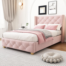 Merax 3ft Upholstered Single Bed with Button & Rivet Upholstery, 90x190cm, Velvet Fabric, Slatted Frame, Wooden Legs,NO Mattress - Pink
