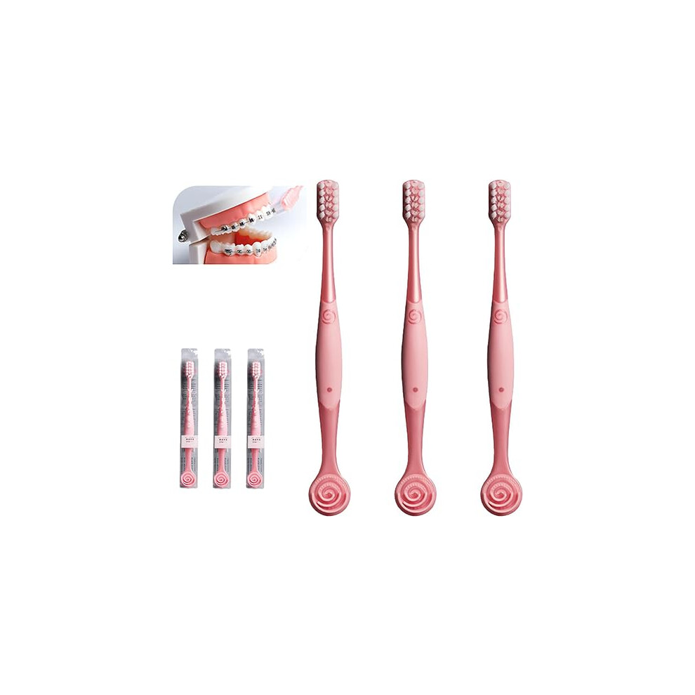 Heiana Pink U-Shaped Orthodontic Toothbrush Dental Brush For Braces, For Kids, For Sensitive Teeth, Soft Bristles, With Tongue Cleaner, 3Pcs (Pink)