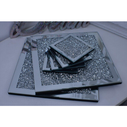 Biznest Set Of Coasters & Placemat Crushed Crystal Sparkle Diamond Glitter Mirrored Silver Home D?cor Eye Catching Lovely Display
