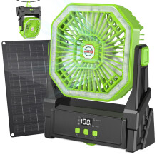 Cawevon 10000mAh Solar Fan,Camping Fan with 10W Solar Panel & Light,4 Speeds Portable Fan with LED Display,4 Timer,Hanging Hook &