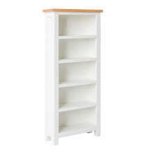 Farrow White Tall Narrow Living Room Bookcase with Oak Top | Roseland Furniture Contemporary Country Slim Painted Pine Solid Wooden Bookshelf with 5