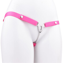 Male Sissy Metal Flat Chastity Cock Cage Inverted Locking Device With Retaining Strap Pink Model 3232
