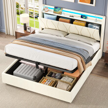 BTM Double Bed Frame with LED Headboard with Charging Station, Concealed Headboard Storage, USB and Type-C Ports, Linen Double Bed with Storage,