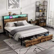 BTM 4FT6 Double Bed 135x190cm, Double Bed Frame wtih 2 Drawers & Light Strip & 3 USB Ports, Metal Bed Frame Single, Black+Walnut