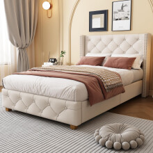 BTM Upholstered Single Bed 3ft(90 * 190cm), Single Bed Frame with Headboard, Slatted Frame, Button & Rivet upholstery and Wooden Leg, Beige Linen