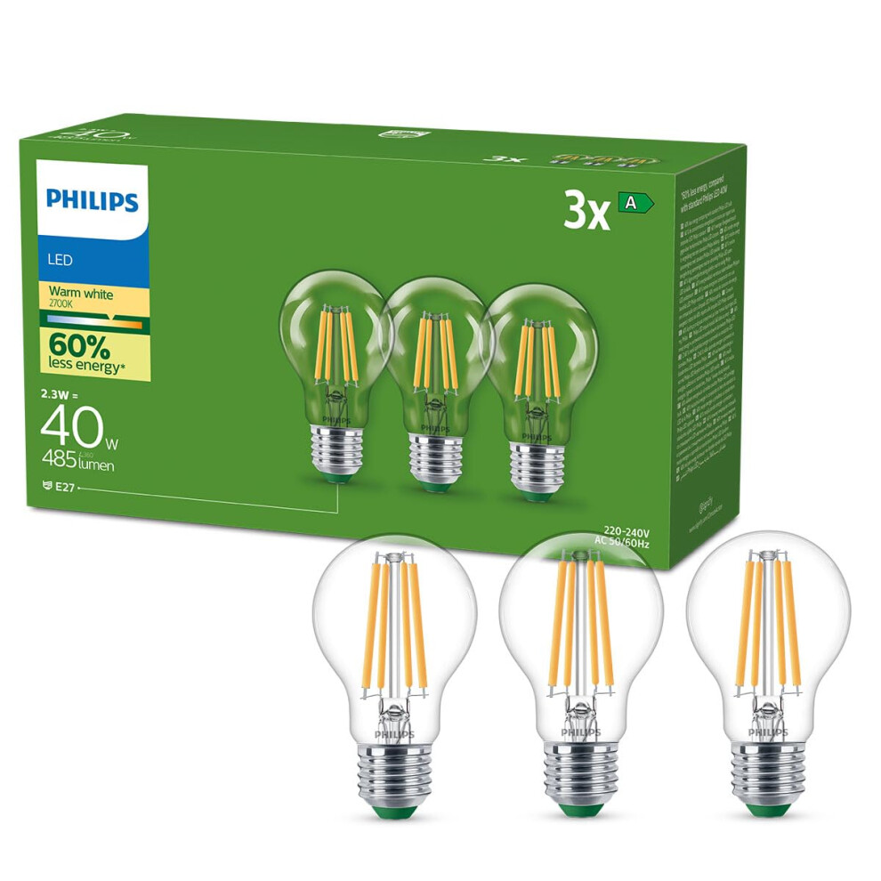 Philips Lighting Philips Clear Ultra-Efficient Filament Led Bulb (3 Pack), 2.3W Equivalent To 40W, E27, Warm White Light 2700K, Energy Efficiency A - Image 3