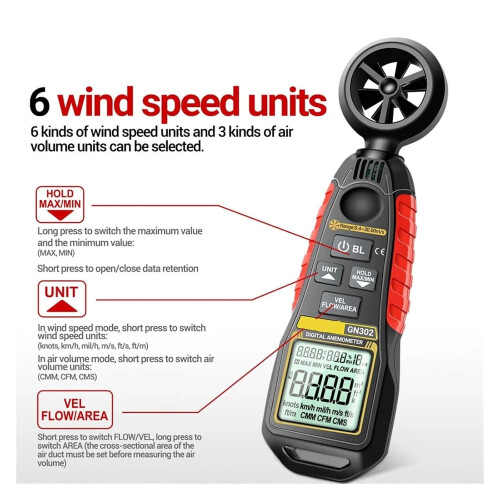 Handheld Anemometer LCD 4Digit Display 9999 Count Digital Wind Meter 0.430.00 Meters Per Second Temperature Tester 2