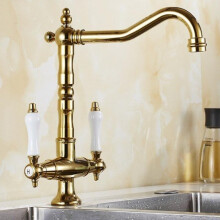 Faucet Kitchen DualHandle Antique Brass Retro Degree Rotation DeckMounted Kitchen Sink Taps