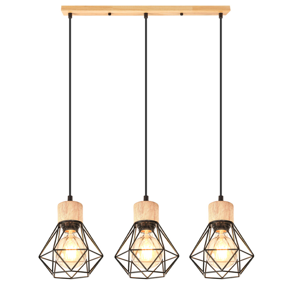 3 Lights Vintage Pendant Light Retro Pendant Light Ceiling Light Modern Indoor Pendant Light Black Metal Wood Pendant Lights