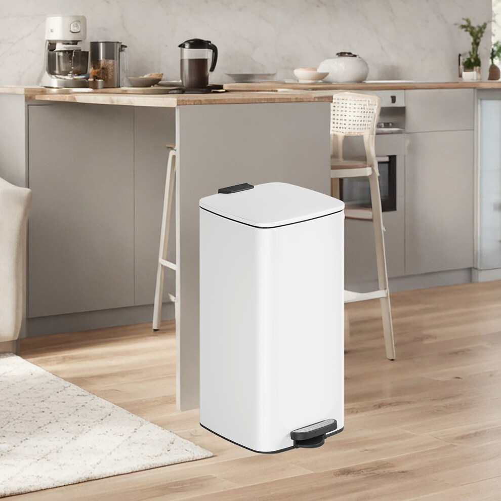 Songmics Trash Can, 8-Gallon Trash Bin, Stainless Steel Kitchen Garbage Can, White