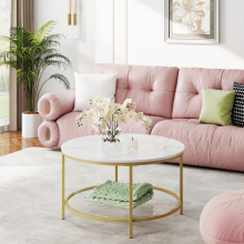 Coffee Table, Living Room Table, Sofa Cocktail Table Faux Marble Round, Tempered Glass Storage Shelf, Easy to Assemble, Modern Style, for Living Room