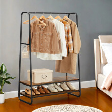 Clothes Rail Heavy Duty 2 Shelf Clothes Rack 6 S Hooks and Steel Frame for Bedroom Industrial