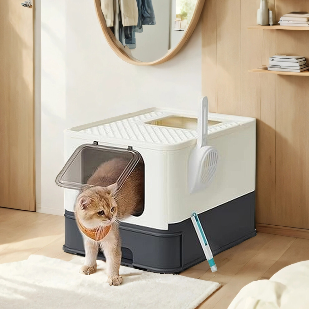 Feandrea Enclosed Cat Litter Box With Lid, Top Entry, Slide-Out Tray, Includes Scoop & Brush, Beige And Black