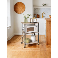 Rolling Storage Cart, 3-Tier Serving Trolley with Hooks, Kitchen Shelf for Microwave and Toaster, Black and Greige