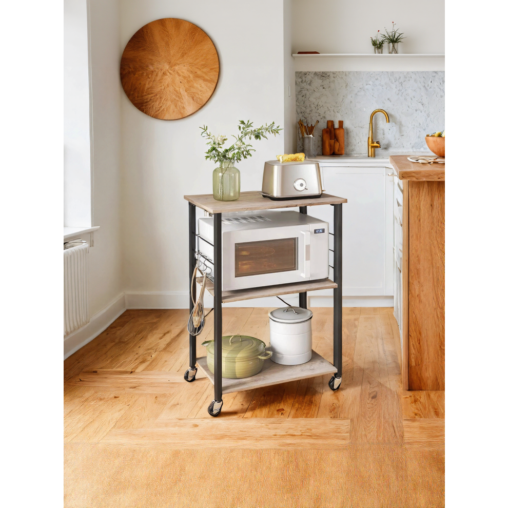 Vasagle Rolling Storage Cart, 3-Tier Serving Trolley With Hooks, Kitchen Shelf For Microwave And Toaster, And Greige Black