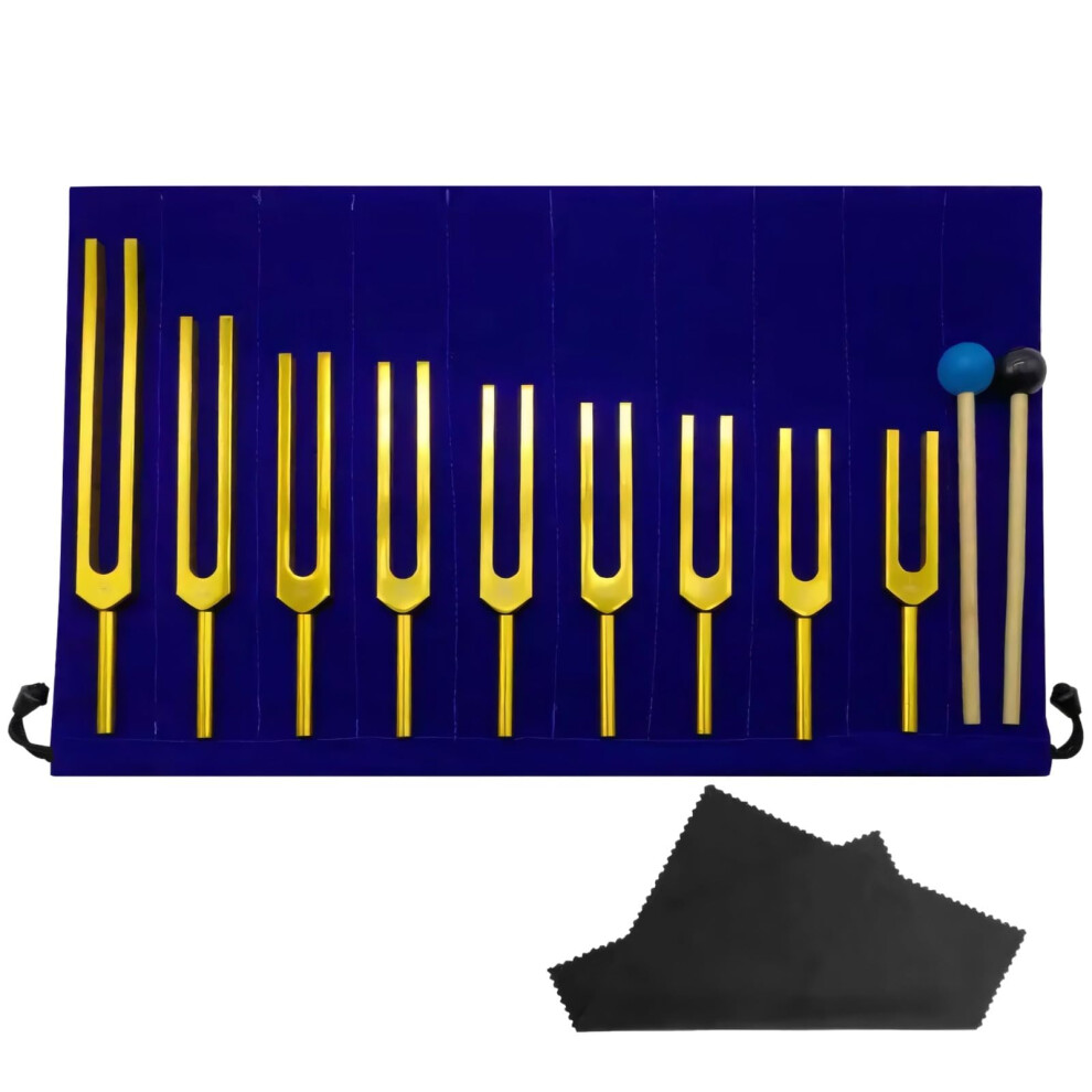 Gold/Blue Eleven-Piece Aluminum Alloy Solfeggio Tuning Fork Set With 9 Forks, 2 Mallets, Pouch, 174Hz To 963Hz Frequency Range
