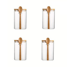 Bonbonglas Aus Transparentem Glas mit Versiegeltem Bambusdeckel und Löffel - Keksbehälter für Lose Lebensmittel