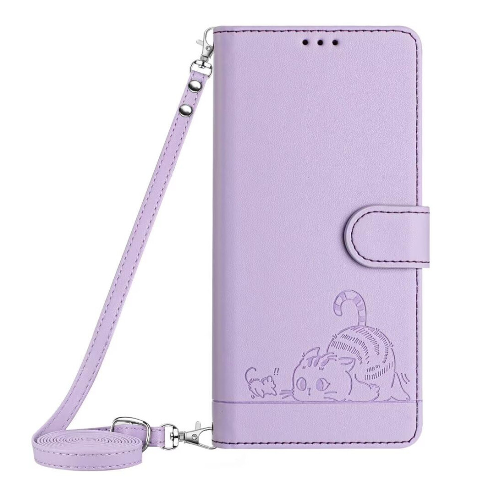 Wallet Case Embossed Sleep Cat Leather Folio Shockproof Wristlet Card Slots For Iphone 17 Purple 9382693141736