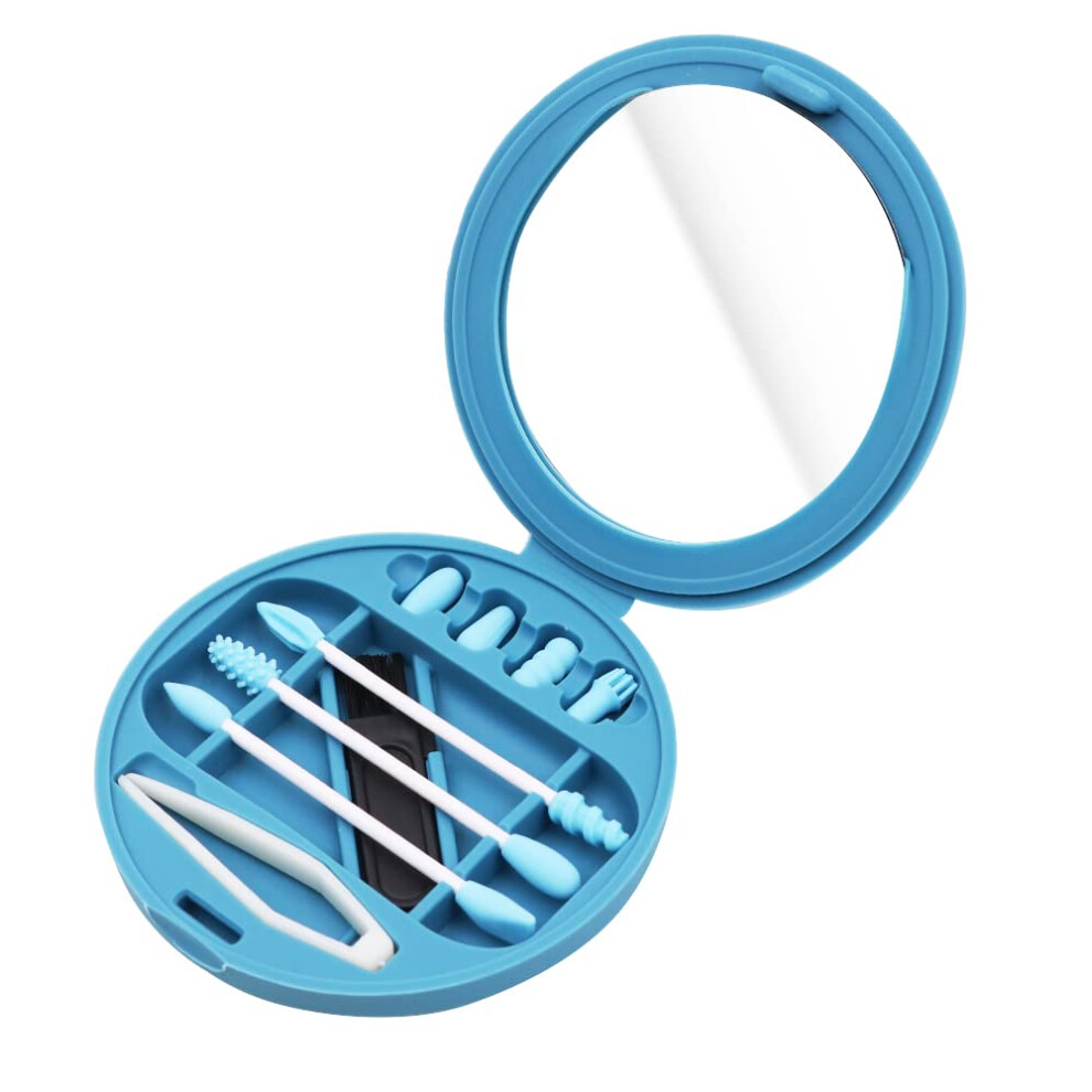 Blue Reusable Cotton Swabs With Silicone Tips And Mirror Case For Makeup And Ear Cleaning