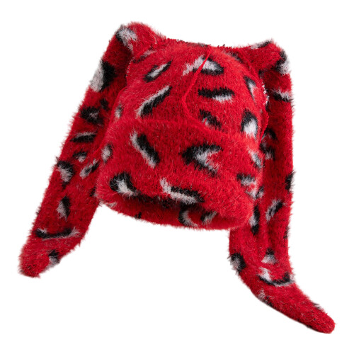 Acryl-Strickmütze mit gepunktetem Leopardenmuster,-Rot