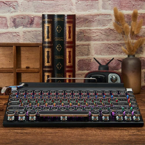 Retro Typewriter Keyboard Wireless Mechanical Bluetooth 5.0 LED Backlit Blue Switch for PC Laptop Phone Black 1