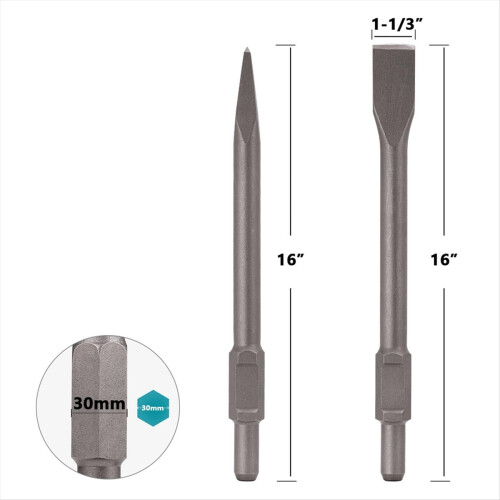 2pc 1-3/16 Inch Hex Chisel Set with Point & Flat C 1