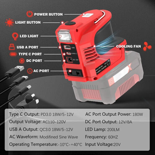 180W Power Inverter with LED Work Light for 18V Li 2